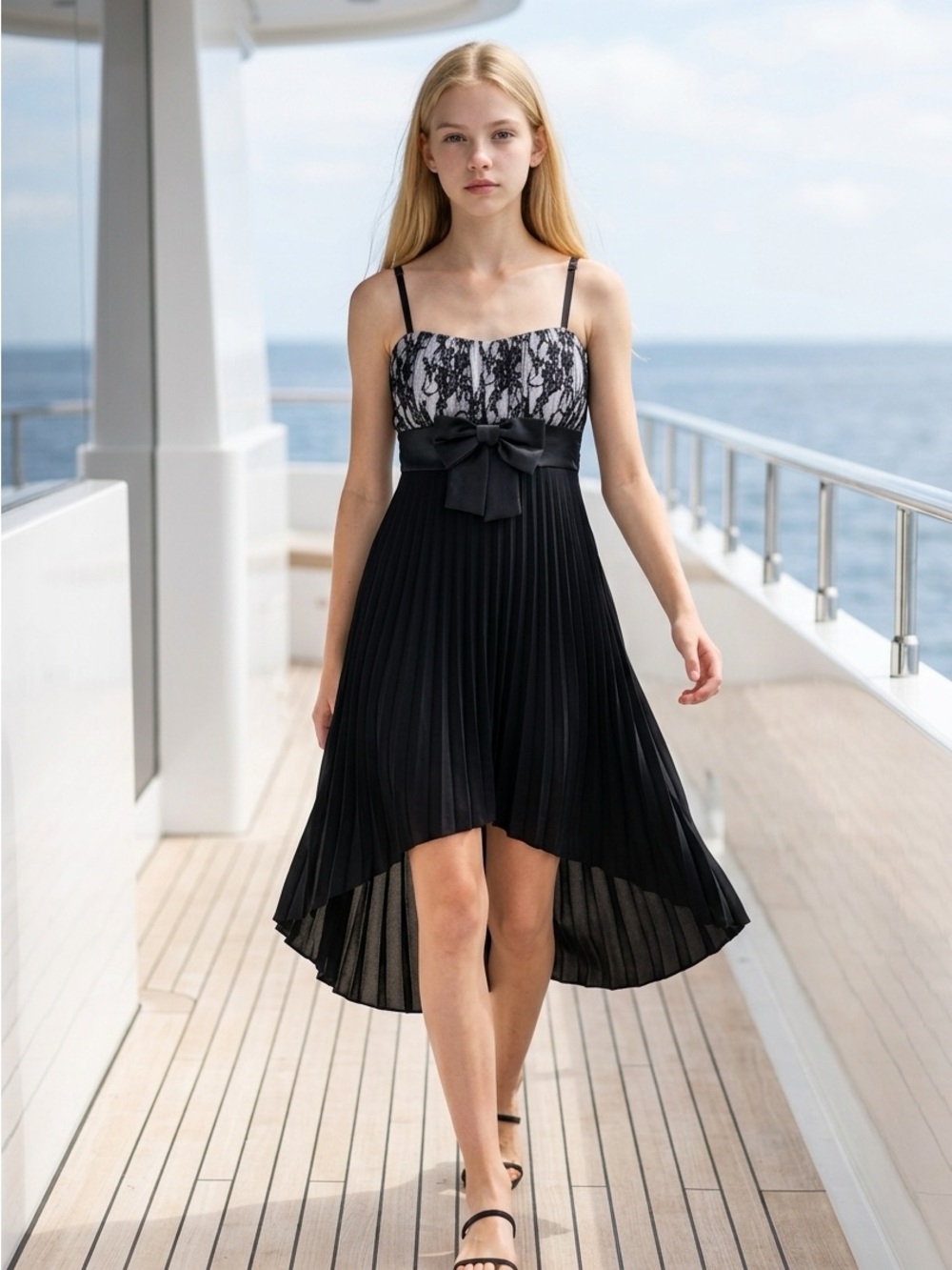 Deb Black Lace-Bodice High-Low Pleated Dress with Bow